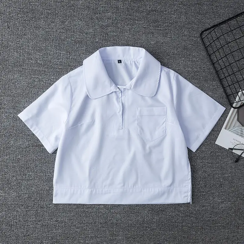 Белая хлопковая школьная форма с круглым вырезом для японских школьниц, школьная форма для японской средней школы, белая рубашка с короткими рукавами для подростков, женская блузка в консервативном стиле - Цвет: white