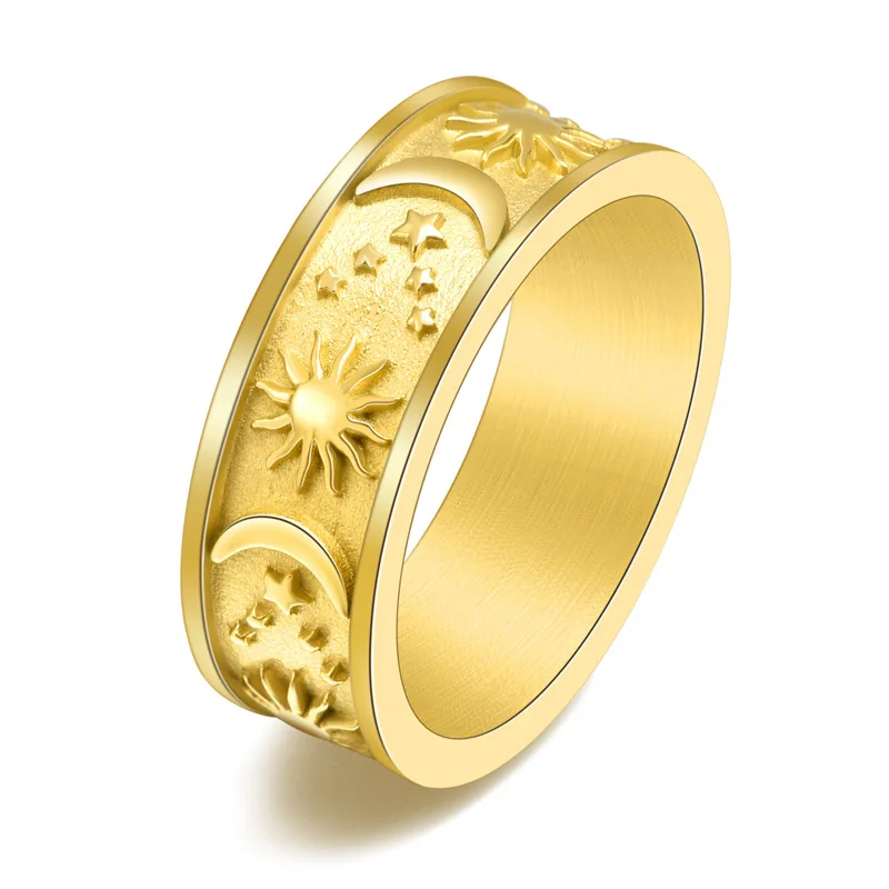 Megin D Stainless Steel Titanium Moon Star Sun Planet Universe Vintage Boho Ins Rings for Women Men Couple Friends Gift Jewelry