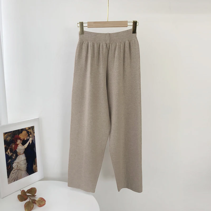 Aachoae Loose Solid Knitted Pants Women Elastic Waist Casual Lady Pants Pleated Leisure Home Wear Long Pants Female Pantalon