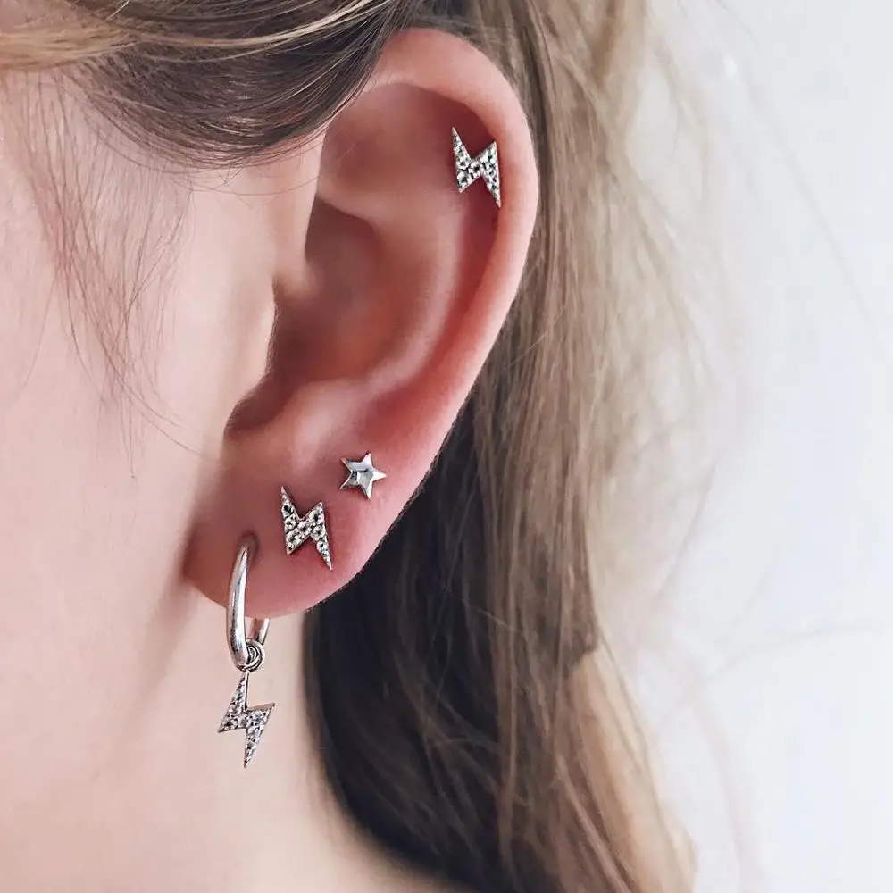 

ALYXUY Fashion Simple Rhinestone Lightning Five-pointed Star Stud Earrings for Women Silver Earrings Combination Suit Wholesale