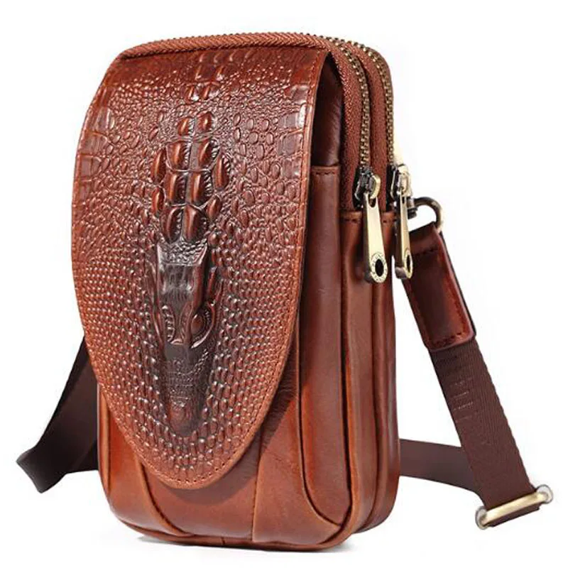 Men Leather Crocodile Grain Waist Bag small Shoulder Bags Purse Hip Bum Cell Phone Case Hook Belt Fanny Cross Body Pack - Цвет: Brown