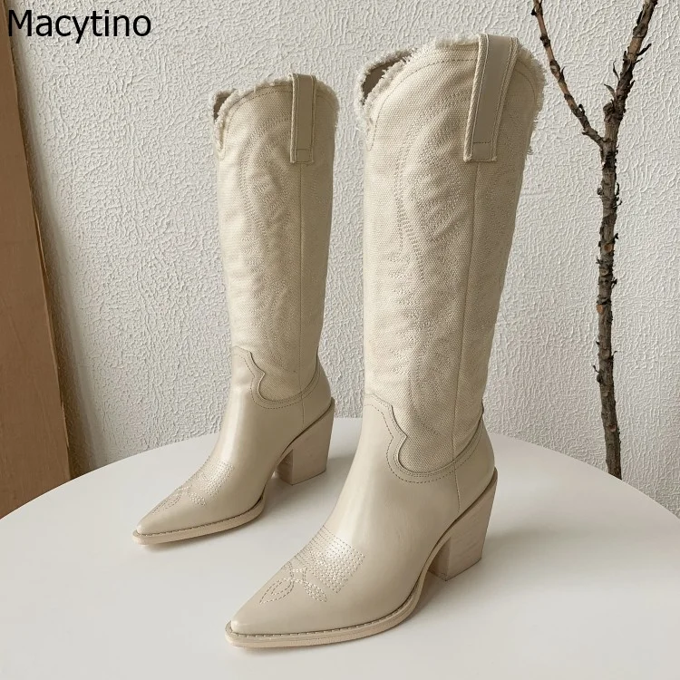 

Faux Leather Cowboy Calf Boots for Women Low Heel 5cm Wedge Snow Boots Pointed Toe Embroidery Dress Shoes Winter Fur Shoes