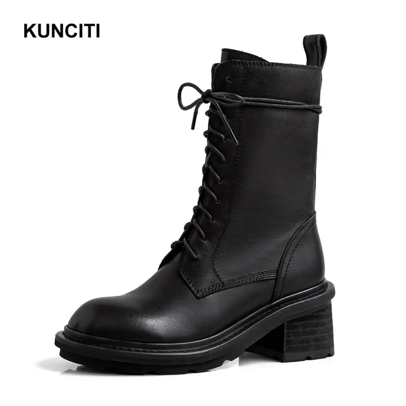 

2019 KUNCITI Chunky High Heel Martin Boots Black Combat Boots Lace Up Women Genuine Leather Military Shoes High Quality D9122