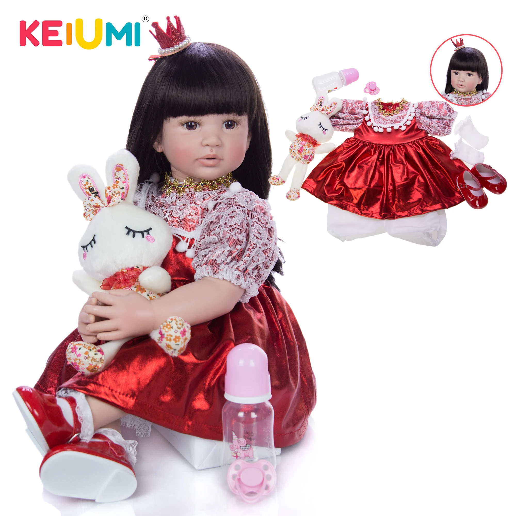 

KEIUMI 24'' 60 cm Doll Baby Girl Reborn Soft Vinyl Princess Doll With Black Hair Bonecas Bebe Doll Red Lace Dress Kids Xmas Gift