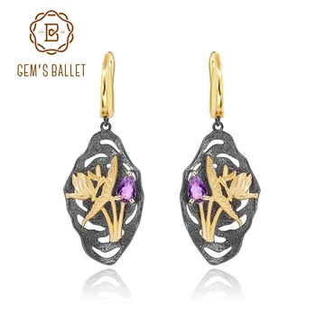 

GEM'S BALLET 925 Sterling Silver Handmade Dragonfly Lotus Flower Nature Amethyst Woman’s Statement Gemstone Earrings Art Jewelry