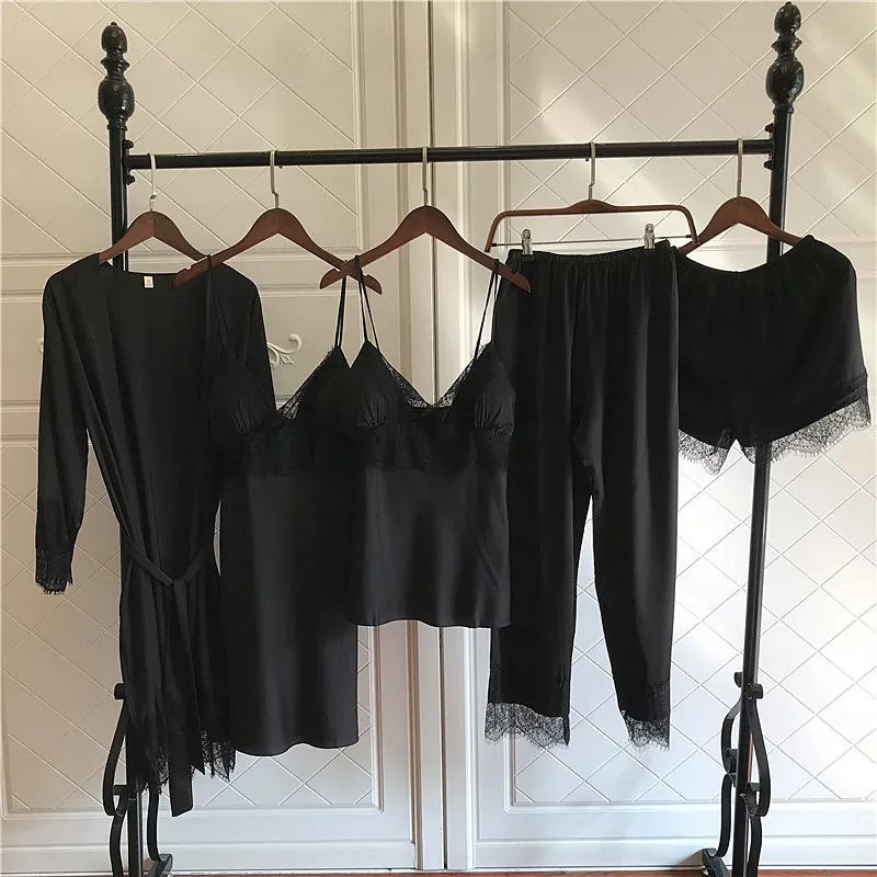 Женская ночная рубашка с длинным рукавом на весну/лето, Сексуальная лед шелковая пижама, тонкое ночное белье на бретельках, повседневный халат, набор халат - Цвет: Black 5PCS