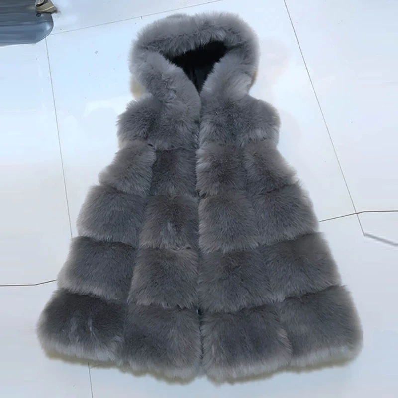 Women Winter Overcoat Outwear PU Leather Removable Sleeves Faux Fur Coat With Hooded Thick Warm Faux Fox Fur Jacket