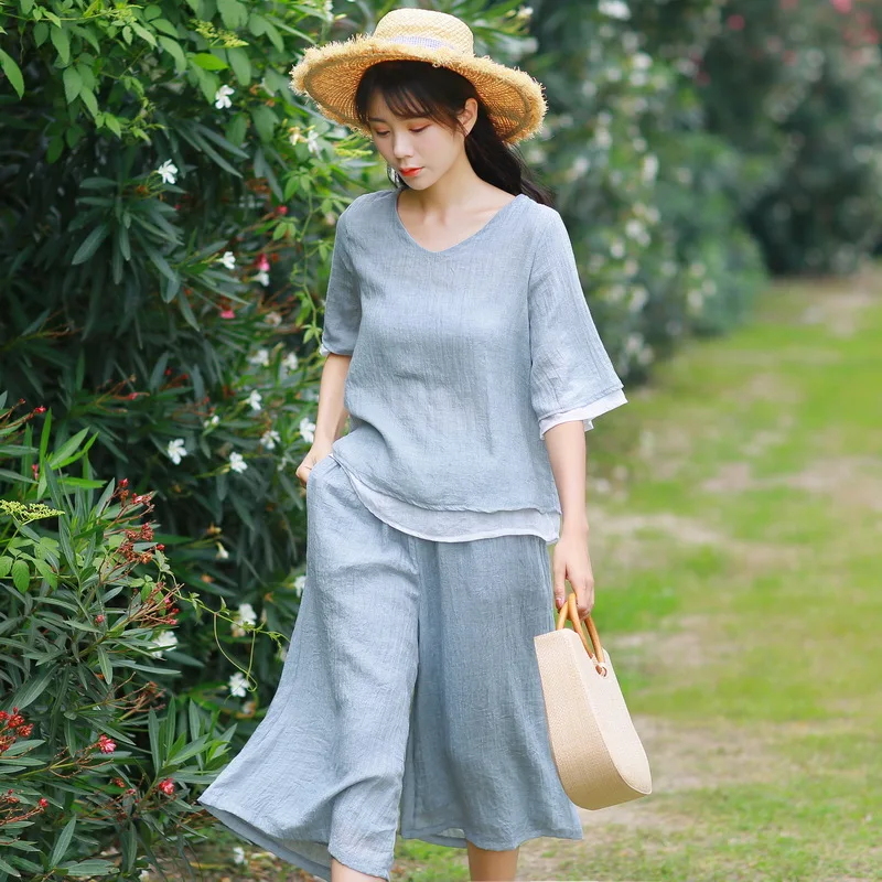 

2019 Summer New Style Artistic Double Layer Cotton Linen Tulle V-neck Mixed Colors Tops Loose-Fit Capri Loose Pants WOMEN'S Suit