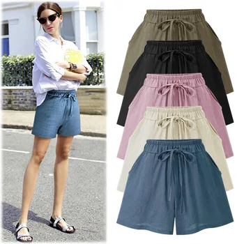 

Women Cotton Linen Short Pant Summer Thin Bow Elastic Waist Loose Pants Casual Femme Wide Leg Pants Big Size M - 4XL 5XL 6XL