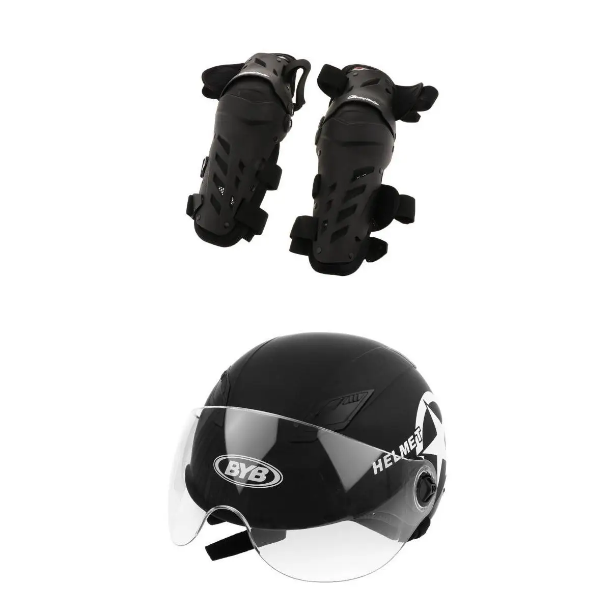 Матовый черный мотокросса регулируемый размер половина шлем с прозрачным стеклянным козырьком солнцезащитный экран+ 1 пара наколенников защита