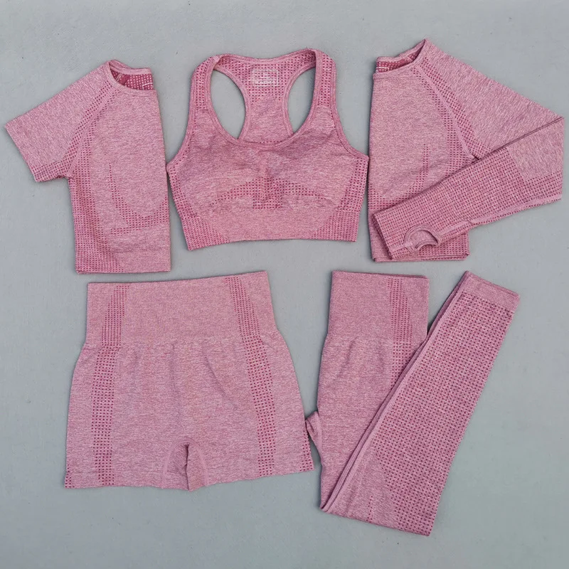 2021 nowych kobiet zestawy do jogi 2/3/5 sztuk bez szwu z długim rękawem krótki Top wysokiej talii siłownia legginsy Workout Sportswear Sport garnitur| | -