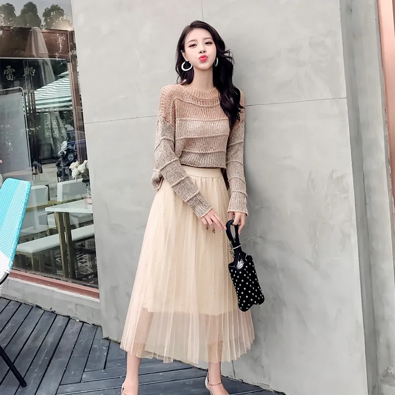 

Photo Shoot 2019 Autumn New Style Set Color Thin Knitted Sweater + Mid-length Half-length Mesh Dress Two-Piece Set