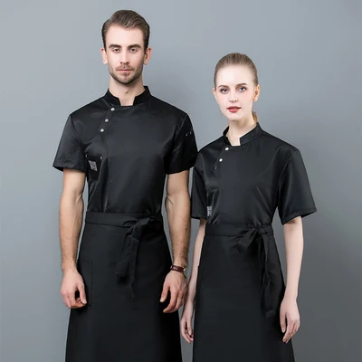 black A Новое поступление шеф-повара Рубашка с короткими рукавами куртка Кухня форма офицантки летние дышащие готовить Спецодежда унисекс шеф-повар Униформа Рубашка - Color: black A