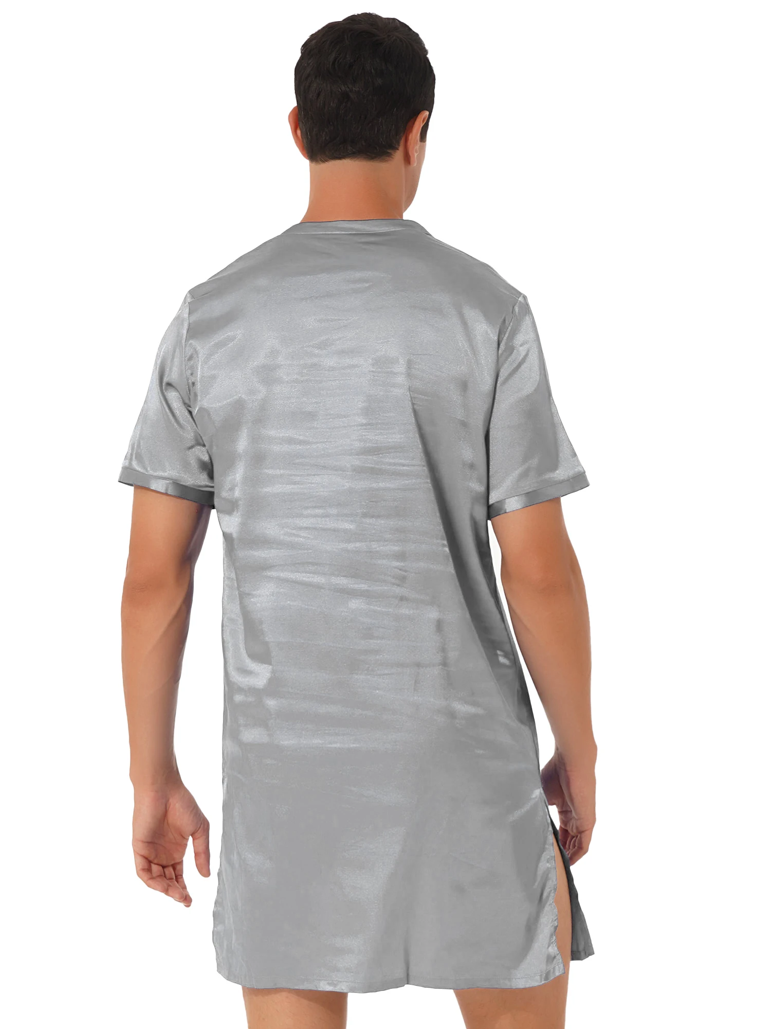 Mens Womens Satin Nightgown satin nightgown V Neck Short Sleeve Sleepwear Nightclothes Homewear Sides Split Nightwear