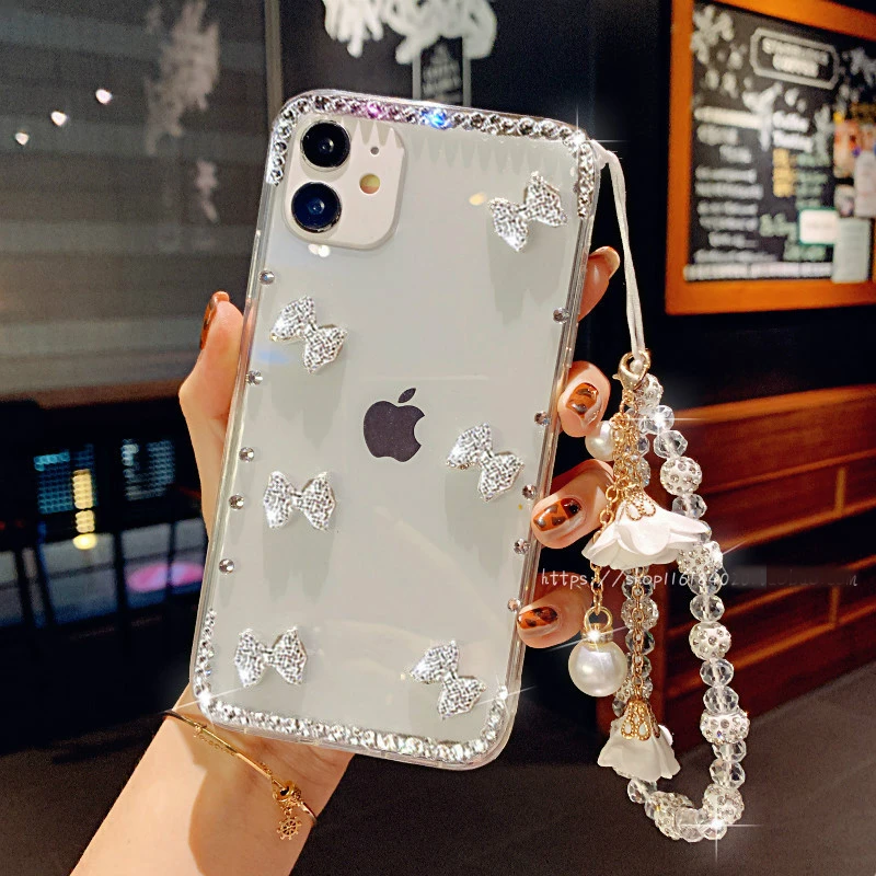 For iPhone 15 14 13 Pro Max Case Rhinestone Bow Diamond Glitter Lanyard  Back Cover For iPhone 12 11 Pro Max X XR XS 7 Plus Case