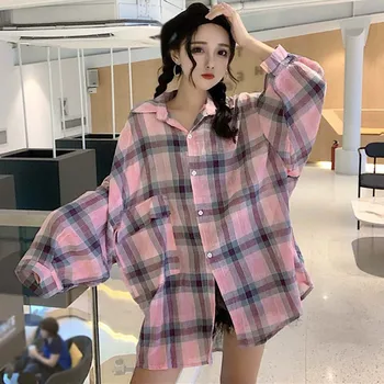

Long Style Women's Shirt Female Oversize Plaid Shirts Autumn Big Pockets Full Sleeve Blouses Casual Loose Tartan Shirt Cover Ups