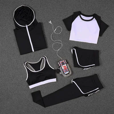 5 шт., Женский комплект для йоги, для спортзала, высокая эластичность, спортивная одежда для женщин, быстросохнущий, для бега, фитнеса, спортивный костюм, Ropa Deportiva Mujer, одежда для спортзала - Цвет: Белый