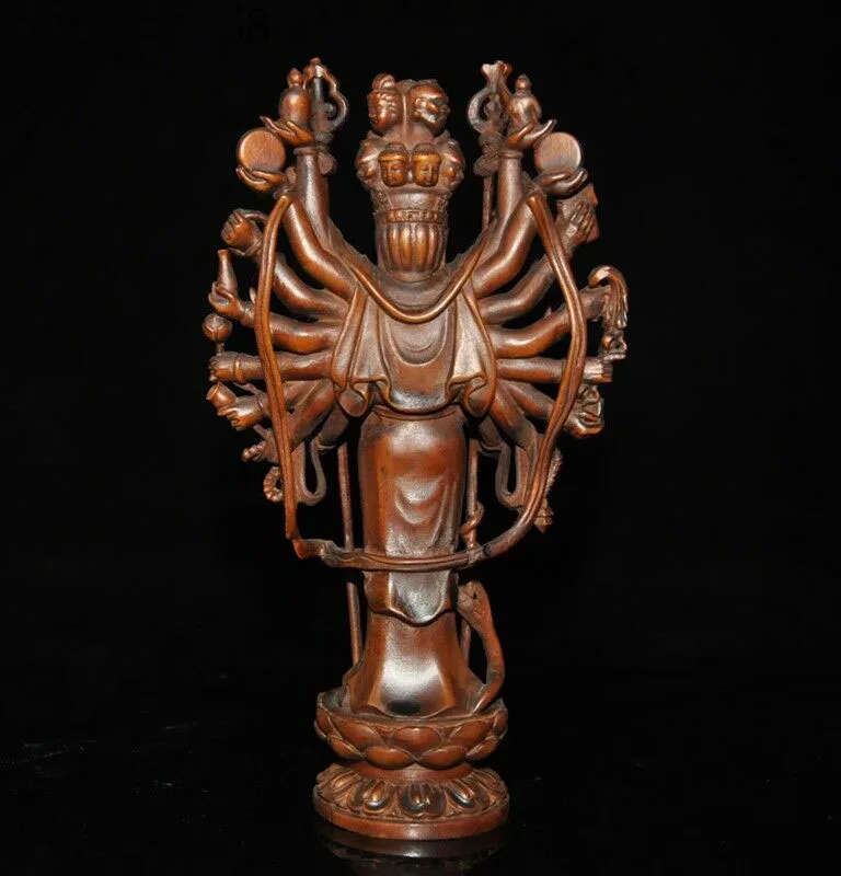 Свадебное украшение " Тибет Самшит резьба 1000 руки Avalokitesvara Kwan-Yin Будда Гуаньинь статуя