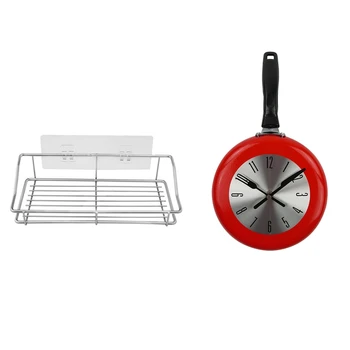 

Bathroom Shelf Organizer Storage Kitchen Rack with Traceless Transparent Adhesive No Drilling Stainless Steel & Wall Clock Metal
