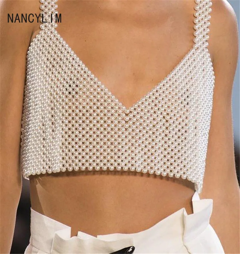 

2019 Ins Fashion New Hot-selling Sexy Pearl Beaded Suspender Waistcoat Women Sexy Camislole Tanks Girls Lady Tops Nancylim