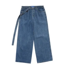 

Solid Color Ribbon Design Washed Jeans Men Fashion Brand Streetwear Loose Mid Straight Long Pants Trendy Casual Wide Leg Pants