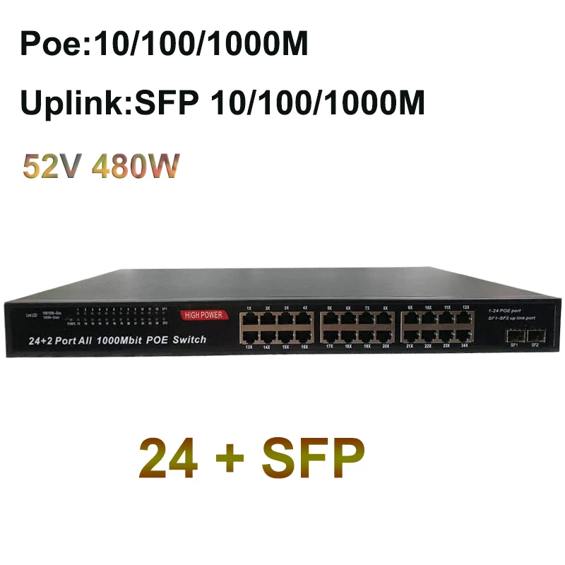 52 в 480 Вт 24 порта POE коммутатор ip-камеры Ethernet сетевой коммутатор беспроводной маршрутизатор AP Стандартный Lan концентратор IEEE 802.3af/at 1000M SFP