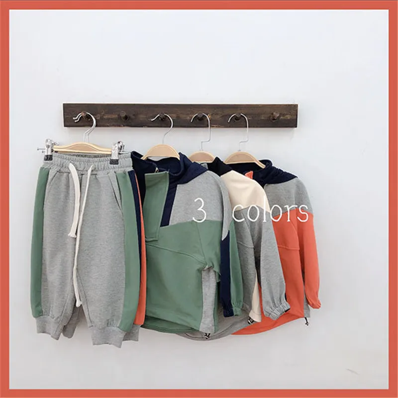Kids boys color blocking sports sets for kids cute girls patchwork hoodies+ sports pants 2pcs sets kids clothing sets