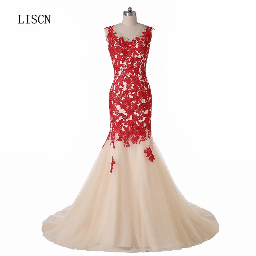 Вечерние платья русалки с v-образным вырезом красного цвета и цвета шампанского, с открытой спиной, настоящие фотографии, 3D кружева, с