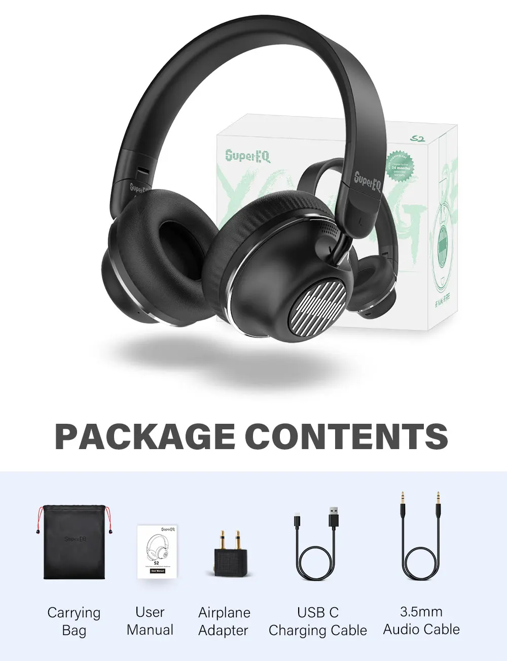 SuperEQ S2 ANC Wireless Headphones 5 0 Bluetooth Headset Wired Foldable HiFi Earphone with CVC8 0 Noise Reduction Mic for Phone