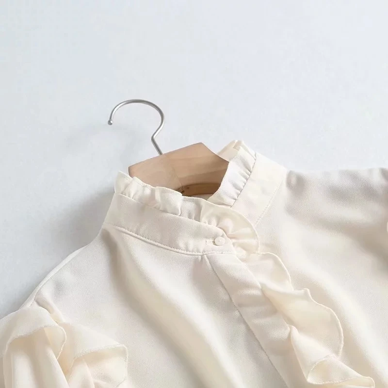 Английская офисная Дамская однотонная элегантная женская блуза с оборками на рукавах mujer de moda рубашка женские топы и футболки размера плюс