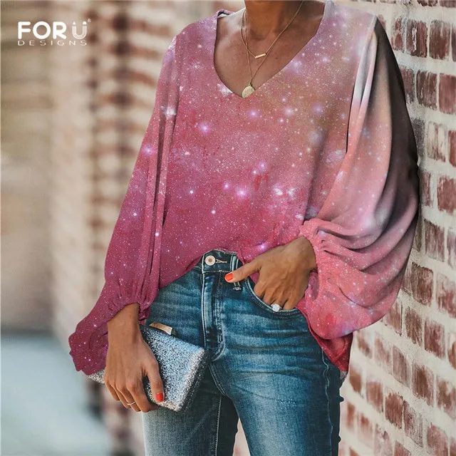 FORUDESIGNS/Женские блузки с космическим принтом, блузка с длинным рукавом, свободная туника, рубашки с v-образным вырезом, женская шифоновая блузка, сексуальные топы - Цвет: HMM1108B2