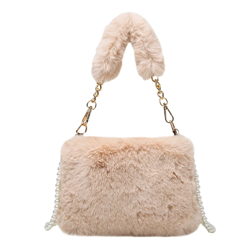 Furry Luxury Designer Handbag Chain Soft Plush Tote Bags Solid Fur Shoulder Bags Pearl Fluffy Bag For Women 2021 Winter New Sac