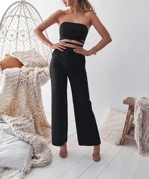 

Women Fashion Hollow Out Crop Wide Leg Jumpsuits Straight Sexy Strapless Backless Rompers Solid Casual Jumpsuit