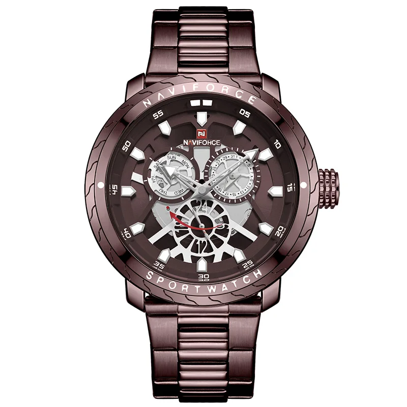 NAVIFORCE мужские часы лучший бренд класса люкс кварцевые мужские водонепроницаемые часы Дата часы мужские спортивные Стальные наручные часы Relogio Masculino - Цвет: coffee