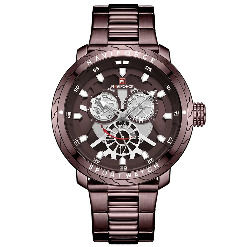 NAVIFORCE Mens Watches Luxury Brand Fashion Casual Quartz Wrist Watch Men Full Steel Sports Waterproof Clock Relogio Masculino - Цвет: coffee