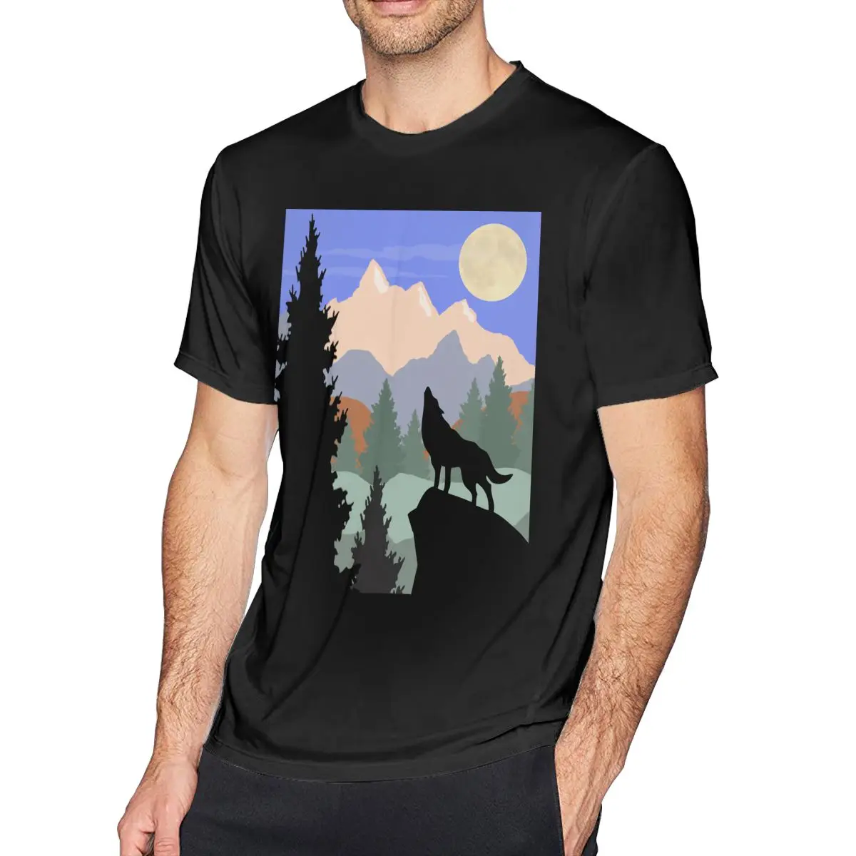 

Howling Wolf T Shirt Mountain Scene Howling Wolf T-Shirt Man Plus size Tee Shirt Print Short Sleeve Tshirt