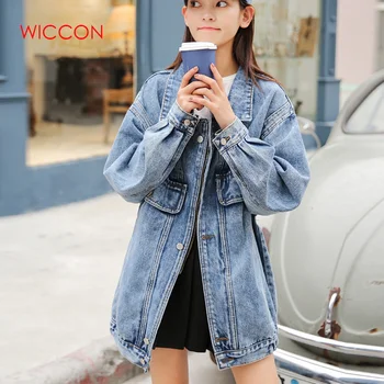 

2020 New Korean Loose Student Bf Style Style Long Section Jean Jackets Female Casual Long Sleeve Turn-down Collar Button Coats