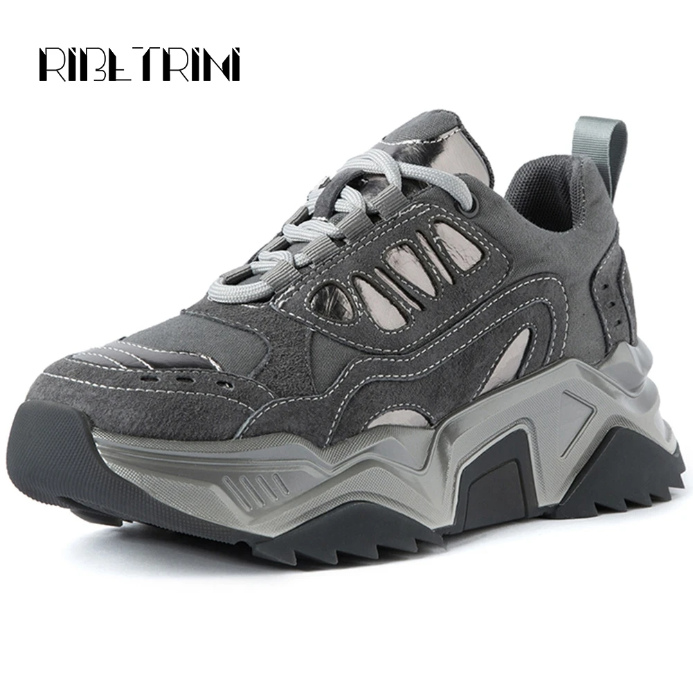 

RIBETRINI Ins Design Thick Heel Round Toe Platform Women Leather Dad Shoes Woman Spring Autumn Casual Dress Fashion Sneakers
