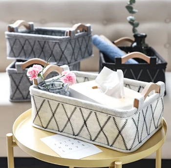 

Felt Storage Basket for Clothes Toy Underwear Sundries Storage Box Clothes Laundry Basket with Wooden Handle Desktop Organizer
