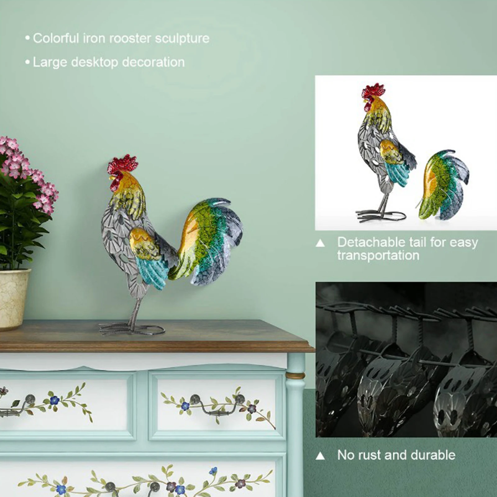 Painted Cast Metal Rooster Sculpture Animals Crafts Art Collections Living Room Table Decoration Accessory