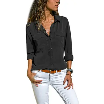 

2020 Fashion Ladies Solid Color Shirt Lapel Long Sleeve Shirt Tops Girls Collar T-shirt