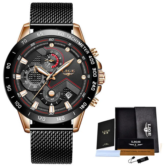 gold black Новые синие повседневные часы со стальным ремешком Модные Кварцевые Золотые часы LIGE мужские часы лучший бренд класса люкс водонепроницаемые спортивные часы Relogio Masculino - Цвет: gold black