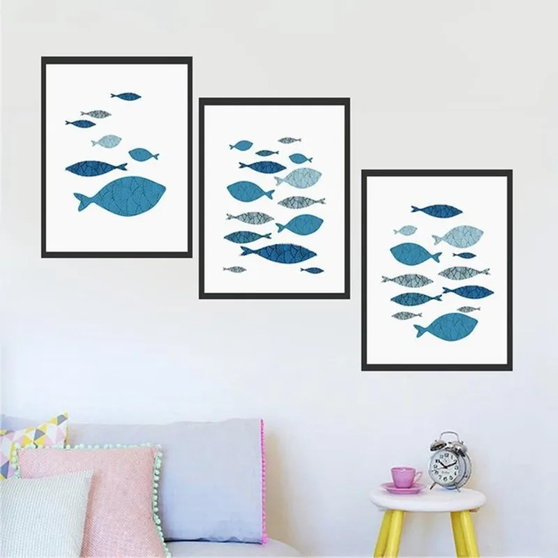 

New Modern Style Small Fresh Geometric Fish Art Poster Unframed Canvas Printings Wall Art Living Room Decorative Painting