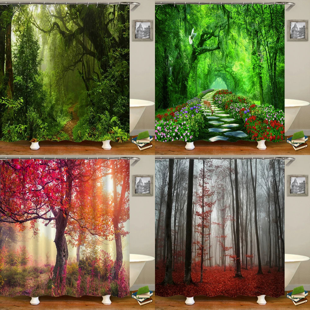 

Forest Landscape Bathroom Curtain 3D Natural Scenery Waterfall Printing Shower Curtains Waterproof Polyester Home Decoration
