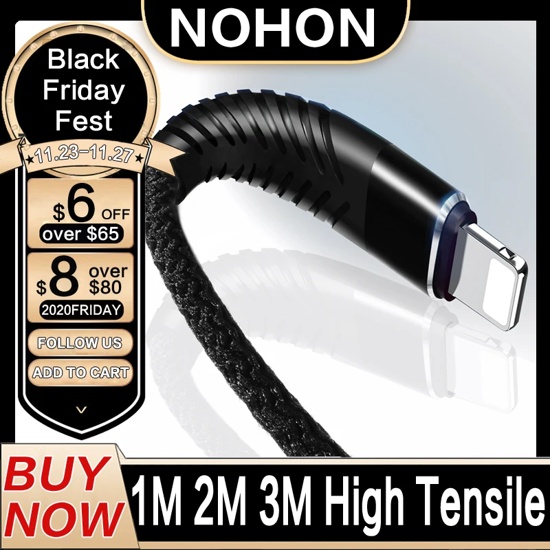 NOHON 3 м 2 1 USB кабель для iPhone 11 Xs Xr 8X7 6 6S Plus SE iOS 12 10 зарядное устройство нейлоновый