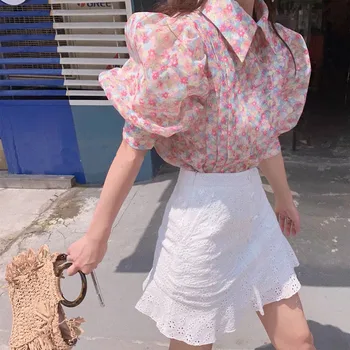 

Women Floral Print Pullover Blouse+mesh Cotton Skirts Suits Vintage Puff Sleeve Shirt Sets Korean High Waist Skirt Two Pieces