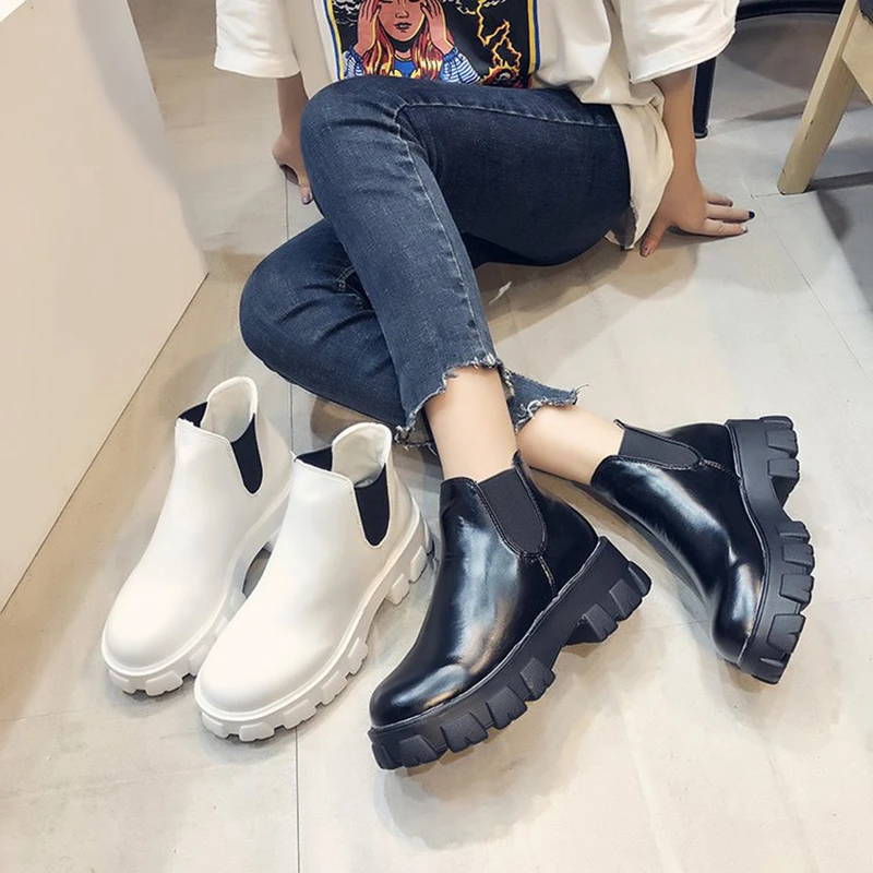 Aleafalling botas casuales clásicas para mujer PU zapatos planos para niña estudiantes universitarios punta redonda botas elásticas para mujer|Botas tobillo| - AliExpress