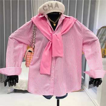 

Loose Striped Casual Shirts Single Breasted Turn-down Collar Appliques Long Sleeve Blusas Manga Longa Feminina