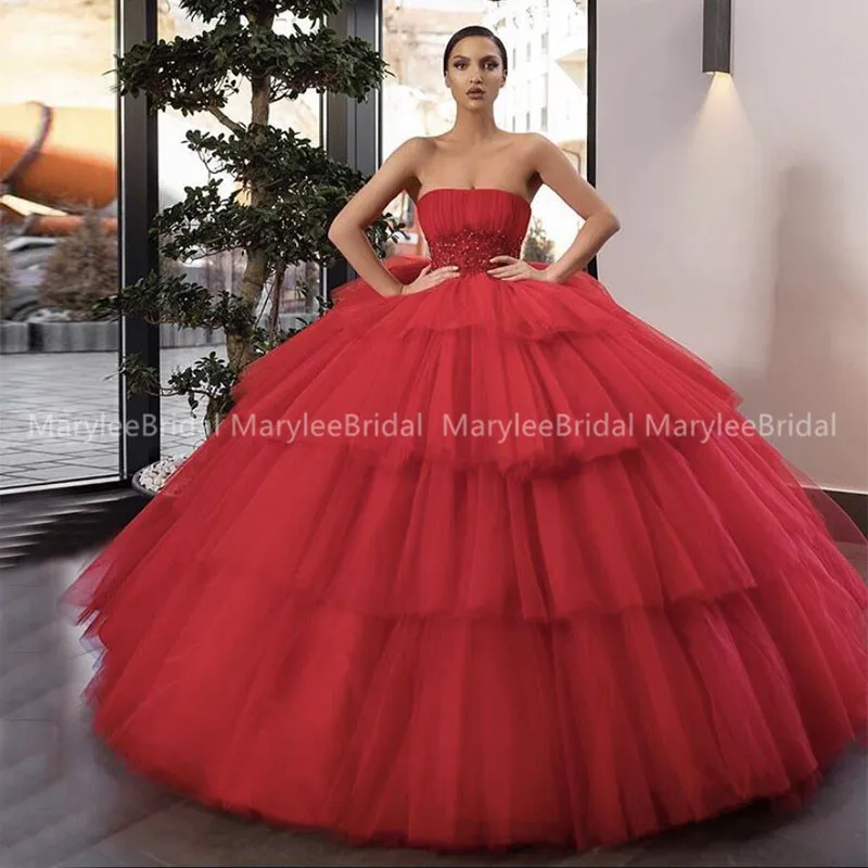 strapless red ball gown