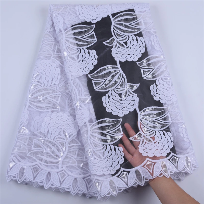 

5 Yard French Milk Silk Lace Fabric Pure White Sequined Milk Silk Lace Fabric For Nigerian Wedding African Lace Fabrics F1684